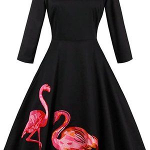 50s Vintage Flamingo Round Neck Midi swing Dress 3/4 Sleeve